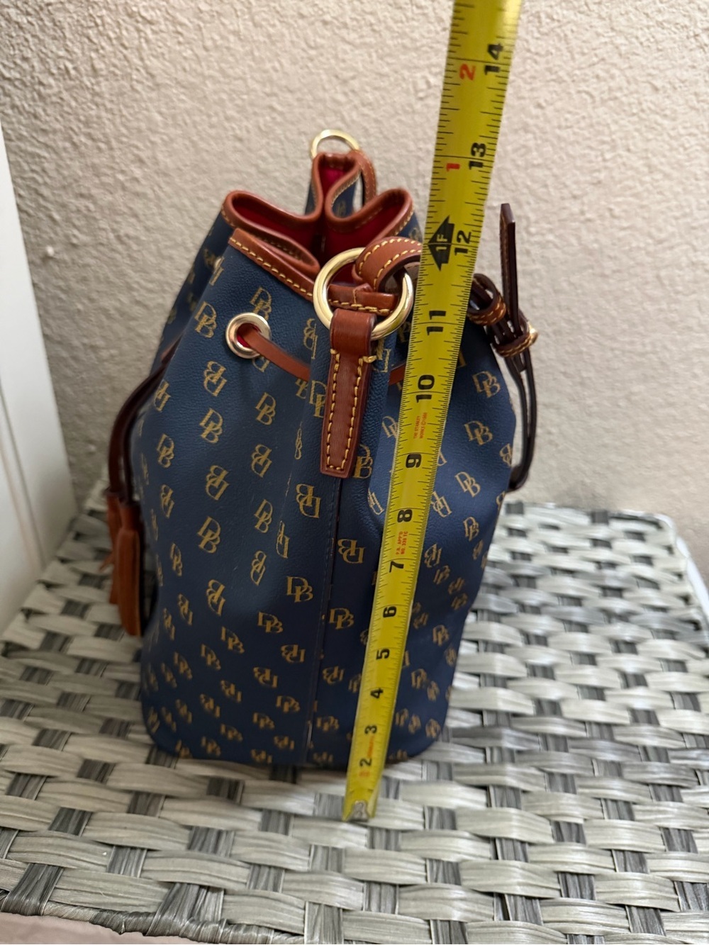 Dooney & Bourke Gretta Navy and Brown Monogram Drawstring Bucket Bag - Picture 8 of 14